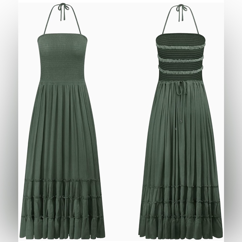 LIKE NEW R. Vivimos Backless Flowy Long Maxi Dress Halter Neck Army Green